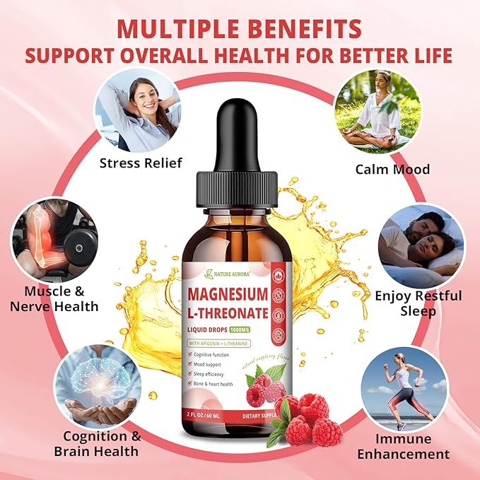 Magnesium L-Threonate Liquid Drops with Apigenin & L-Theanine, High Absorption Magnesium Threonate Supplement for Sleep, Brain Health and Cognitive Function, Raspberry Flavor, 60ML