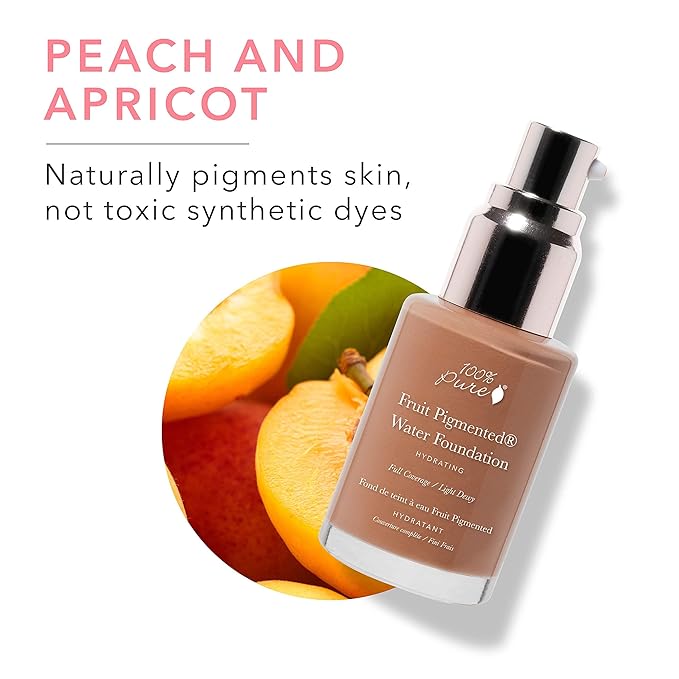 100% PURE Water Foundation Full Coverage Hydrating Makeup, Light Dewy Finish, Moisturizing Concealer for Normal to Dry Skin, Fruit Pigment Color Warm 6.0 w/Peachy Undertones for Tan Skin - 1 Fl Oz