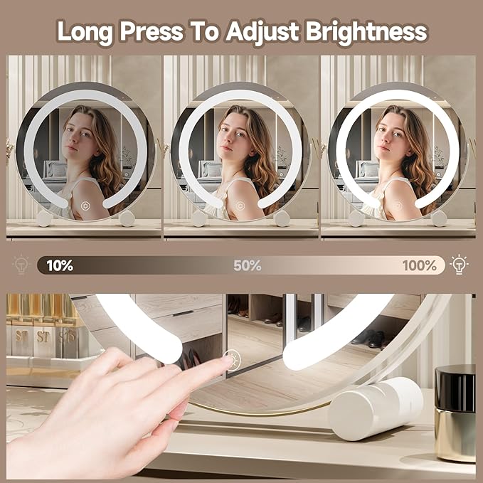 PRIMETEK Vanity Mirror with Lights, 13 inch LED Lighted Makeup Mirror, Round Makeup Mirror with Lights, Touch Screen, 3-Color Lighting, 5X Magnification, for Vanity Desk Tabletop, Bedroom, White