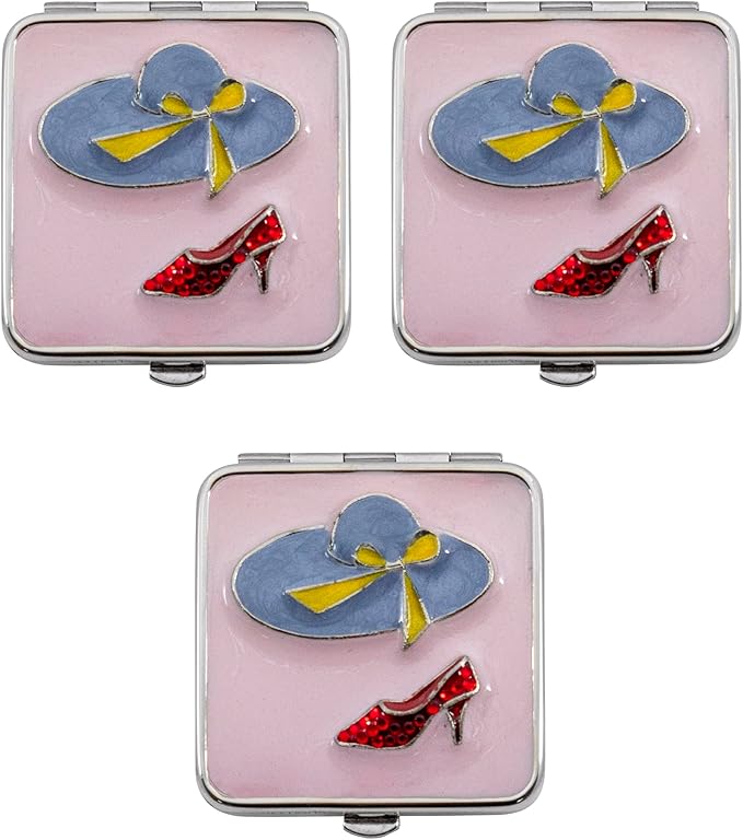 Stephanie Imports Set of 3 Double Sided Magnifying Compact Slim Mirrors (Pastel Pink & Red Rhinestone Heel, Square)