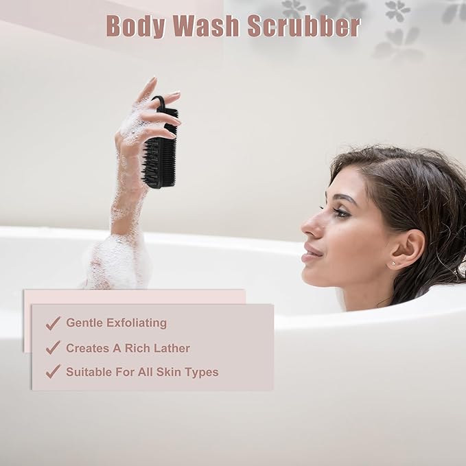 VOCOSTE Silicone Body Scrubber, 2 in 1 Body Brush Hair Scalp Massager, Soft Body Scrubbers for Use in Shower, Lathers Well Exfoliating Body Scrubber for All Skin Types, Black