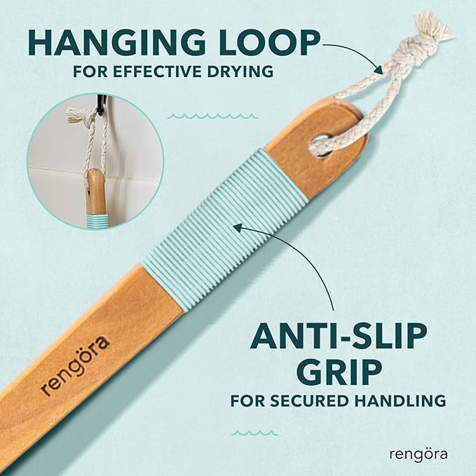 Long Handled Back Scrubber for Shower 18"" Handle Boar Bristle Back Brush โ Wooden Bath Brush, Back Scrubbing Brush, Shower Brush, Body Scrub Brush, Bath Brush Long Handle for Shower by rengรถra