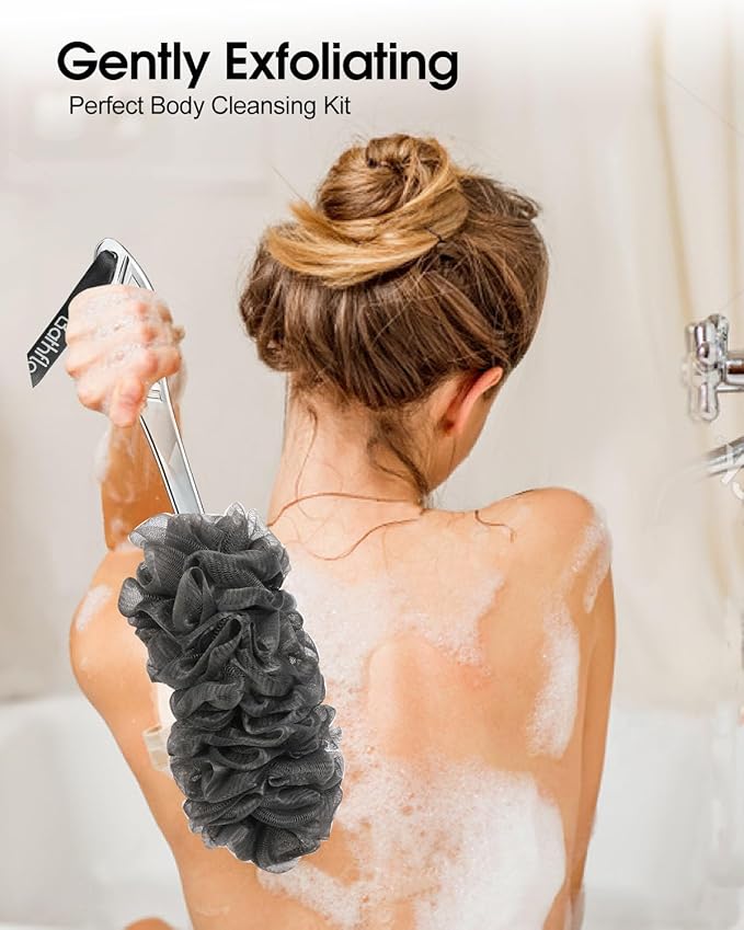 Shower Loofah Sponge Exfoliating Body Scrubber 80g, Charcoal Loofa for Women & Men Bath Wash: 1 Long Handle Back Brush Plus 4 Packs Extra Large 80g Soft Mesh Luffa Poufs, 1 Lufa Hook (Gray)