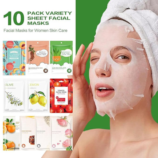 10 Packs Face Masks Skincare, Hydrating Face Masks for Sensitive Skin, Sheet Masks with Natural Ingredients, Moisturising Sheet Mask for All Skin Types, Natural Skin Care Spa Face Mask for Women