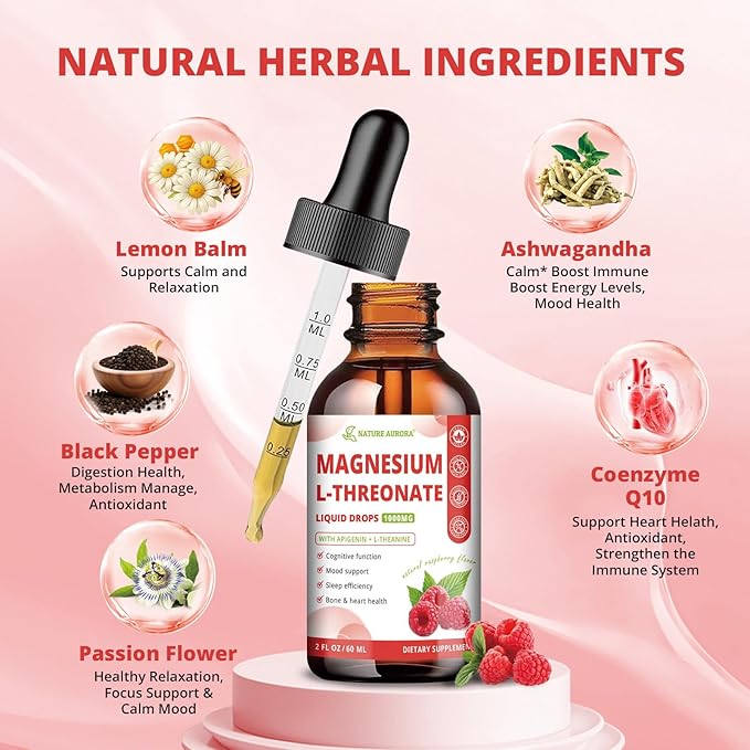 Magnesium L-Threonate Liquid Drops with Apigenin & L-Theanine, High Absorption Magnesium Threonate Supplement for Sleep, Brain Health and Cognitive Function, Raspberry Flavor, 60ML