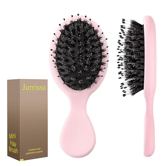 Mini Boar Bristles Hair Bursh, Travel Size Hair Brush for Women Men Kids, Protable Small Hair Brush for Pockets Purses, Mini Detangler Brush for Smooth Add Shine (1 Pack-Pink)