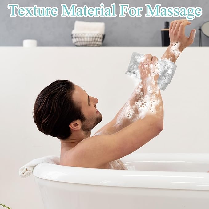 Stretchable Back Scrubber with Handles, 2PCS Nylon Exfoliating Shower Body Scrub Towel Body Scrub Towel Extended Length Back Washers Scrubbers for Body Cleans Skin Massages(White + Gray Nylon)