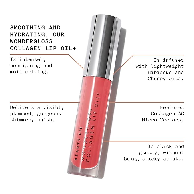 Beauty Pie Wondergloss Collagen Lip Oil + (Spicy Pink) β Hydrating, Plumping, Non-Sticky Gloss with Collagen AC Micro-Vectors & Cherry Oils