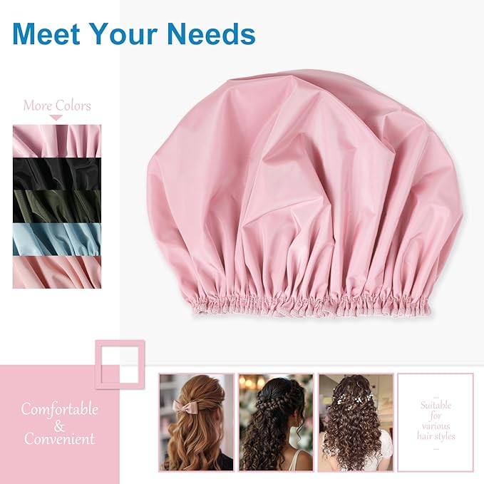 Shower Cap for Women Set of 4, 1 Double-Layer Waterproof Bath Cap + 3 Single-Layer Waterproof Shower Caps β Reusable Hair Protector, TPU Coated Elastic Bathing Cap for Women & Men - Pink