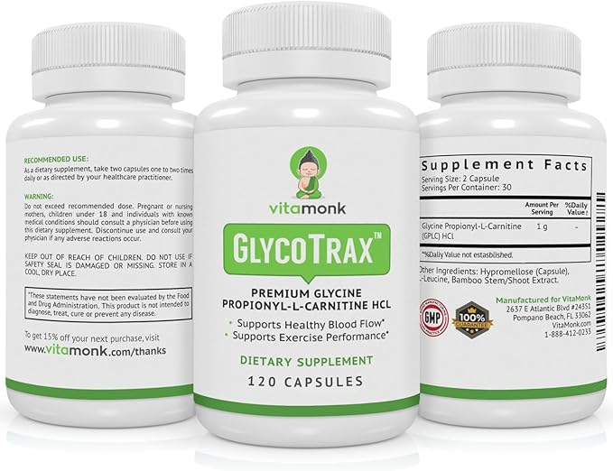 VitaMonk GlycoTraxโข GPLC Extra Large Bottle - 120 Capsules of High-Absorption Glycine Propionyl-L-Carnitine with No Artificial Fillers - Glycine Propionyl L Carnitine Supplement