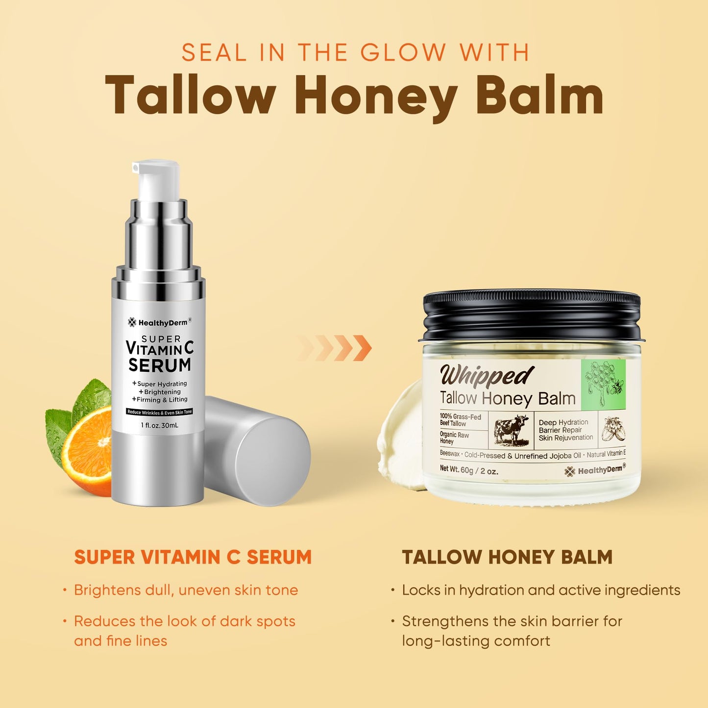 Beef Tallow Honey Balm for Skin: 100% Grass Fed Whipped Organic Moisturizer with Organic Raw Honey, Jojoba Oil, Vitamin E – Natural Face and Body Care for Mature, Dry or Sensitive Skin, 2oz