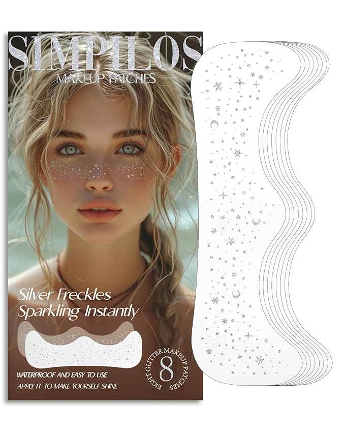Glitter Freckles, Face Makeup Patches for Kids Women Girls, Silver Rave Glitter for Face, Singer Concerts Festival Holiday Rave Accessories - 8 Counts