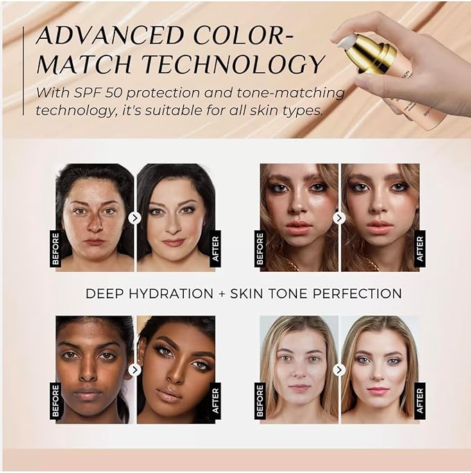 Foundation 4 in 1 - Medium Spectrum with SPF 50+, Anti-Aging, Concealer, Sun Protection, Hydrating Color Changing Foundation Makeup Liquid - Longwearing & Waterproof for Sport, Dancing (1PC, 30ml)