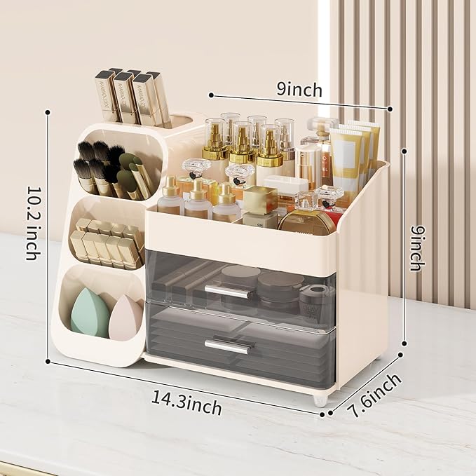 Makeup Organizer with Drawers for Vanity, Make Up Storage Kit, Spacious Cosmetic Display Case, Perfect Storage Solution for Beauty Essentials (Cream)