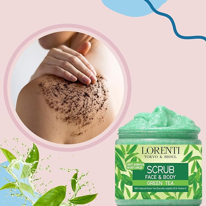 Granulated Natural Green Tea Scrub for Face and Body | Cleanses and Anti-aging Skin Peeling | Exfoliating with Jojoba Oil and Vitamin E (Green Tea)