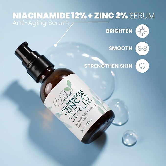 Eva Naturals Niacinamide 12% + Zinc Serum for Face β Dark Spot Remover, Pore Minimizer, Redness Relief, Hydrating Vitamin B3 with Botanical Hyaluronic Acid, Anti-Aging Serum for Clear Skin (2 Pack)