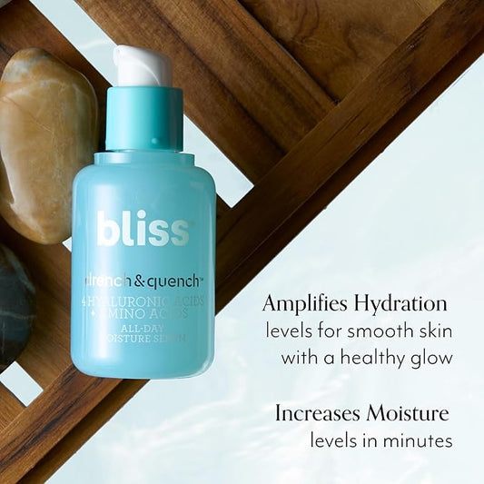 Bliss Hyaluronic Acid Drench & Quench Facial Serum β Hydrating Serum for Dry, Sensitive Skin - Lightweight Gel Formula for Deep Hydration & Plump Skin - Clean, Cruelty-Free - 1 Fl Oz