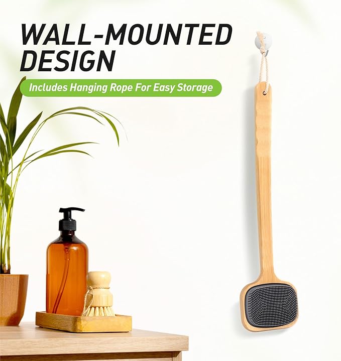 Back Brush for Shower, 16.92'' Dual-Sided Silicone Bristles Shower Scrubber for Body, Thickening Bamboo Handle, Wall Mounted, Wet or Dry Use for Bath, Massage, Itch Relief, Personal Care Gift