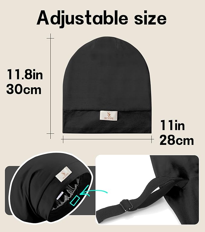 100% Mulberry Silk Bonnet for Sleeping for Curly Hair and Braids, Wrap with Adjustable Strap for Women and Men,Real Silk, Not SatinοΌ1Pc,BlackοΌ