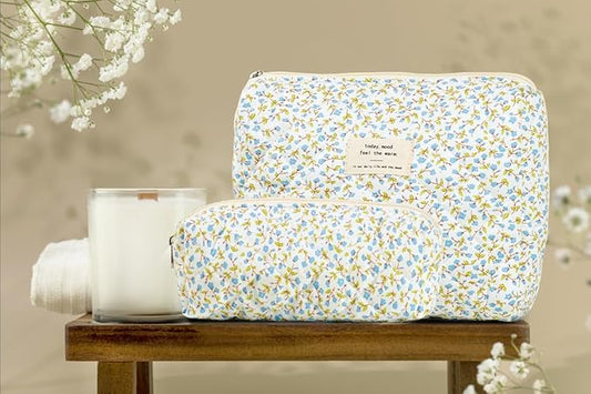 3PCS Makeup Bag Large Cosmetic Pouch Bag with Handle Cute Floral Small Makeup Bag for Purse, Quilted Cotton Skincare Storage Bag Travel Makeup Bag Set for Women, Bridesmaids, Gifts, Fresh Blue