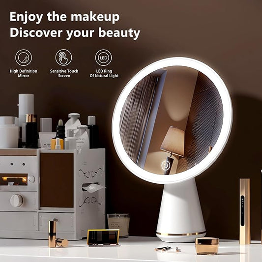 Makeup Mirror with Lights, Make Up Desk Mirror with Rechargeable Touch Control 3 Levels Adjustable Brightness, Lighted Mirror for Desk, Dresser, Gift for Women, Wife, Girlfriend