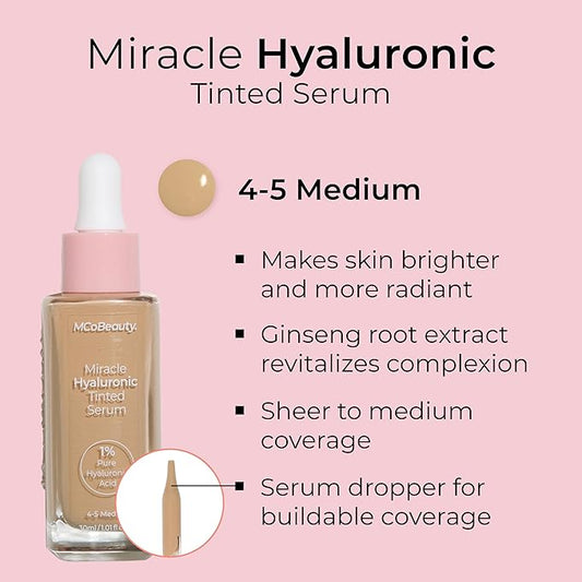 MCoBeauty Miracle Hyaluronic Tinted Serum, 4-5 Medium, Hydration & Glow for Radiant Skin, Vegan, Cruelty Free Cosmetics