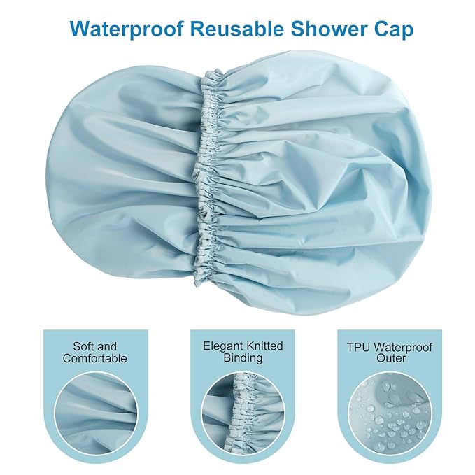 Shower Cap for Women Set of 4, 1 Double-Layer Waterproof Bath Cap + 3 Single-Layer Waterproof Shower Caps β Reusable Hair Protector, TPU Coated Elastic Bathing Cap for Women & Men - Blue