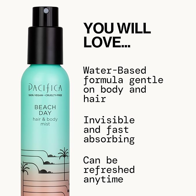 Pacifica Beach Day Hair Mist Perfume & Full Body Spray for Women - Body Mist Fragrance w/Bergamot, Orange Flower, Sandalwood, Amber, Musk & Suede Leather β Clean Beauty Alcohol-Free, Vegan 5 oz