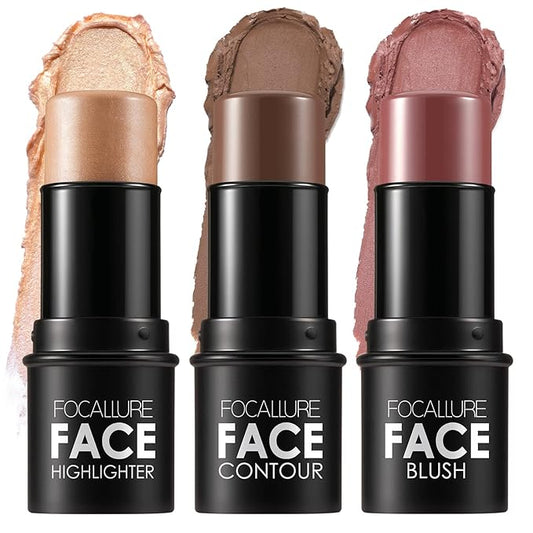 FOCALLURE 3 Pcs Cream Contour Sticks,Shades with Highlighter & Bronzer & Blush,Non-greasy Long-wear Face Contouring Pen,Easy to Sculpt the Face and Create a Lightweight Finishing Makeup,DEEP