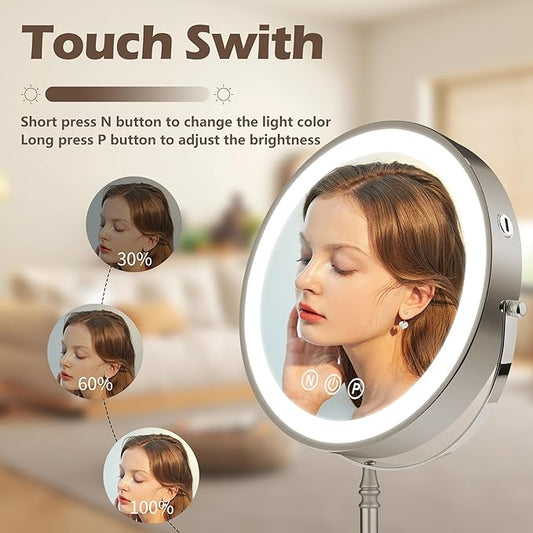 9" Large Makeup Mirror with Lights, 1X/10X Magnifying Vanity Mirror with 3 Colors Dimmable Lightning, 80 LED Lights, 360Β°Rotation Double Sided Standing Lighted Makeup Mirror Nickel