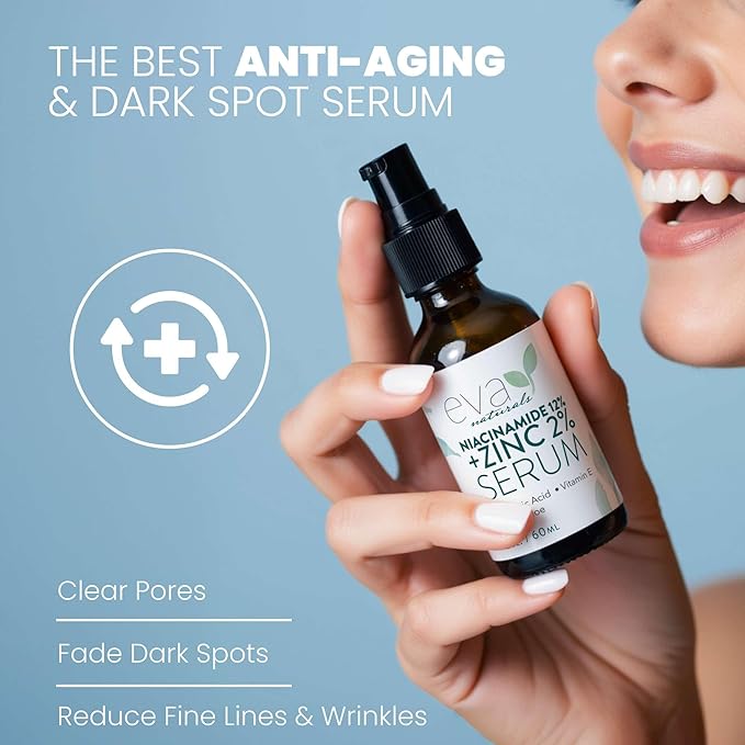 Eva Naturals Niacinamide 12% + Zinc Serum for Face β Dark Spot Remover, Pore Minimizer, Redness Relief, Hydrating Vitamin B3 with Botanical Hyaluronic Acid, Anti-Aging Facial Serum for Clear Skin