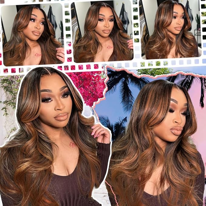 26 inch Balayage Brown Highlight 7X5 Lace Front Bye Bye Knots Glueless Wigs Human Hair Pre Plucked Pre Cut Bleached Knots Pre Everything Put on and Go Wig Highlight 1b30 Human Hair Wigs