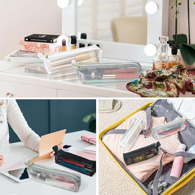 Mesh Makeup Brush Bag, 3Pcs Mesh Cosmetic Bag, Portable Travel Cosmetic Pouches for Makeup Brushes, Small Items, and Purse OrganizationοΌPencil Pouch