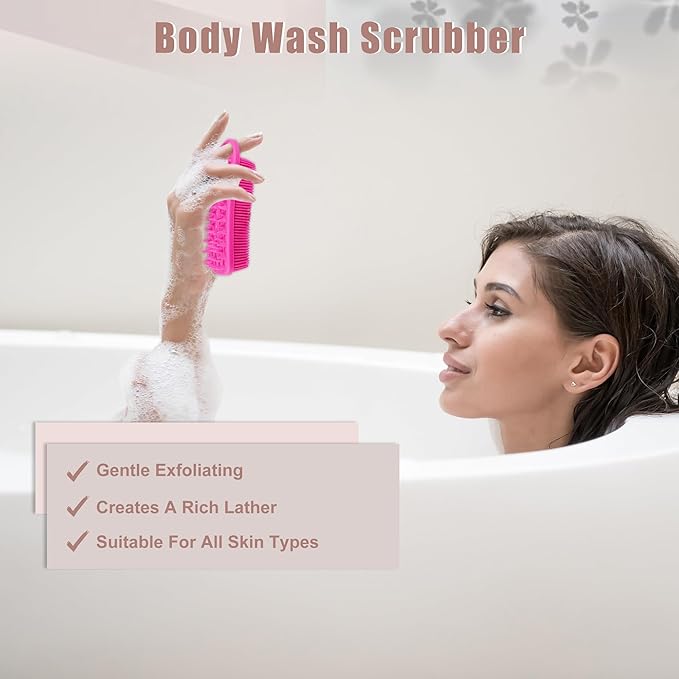 VOCOSTE Silicone Body Scrubber, 2 in 1 Body Brush Hair Scalp Massager, Body Scrubbers for Use in Shower, Exfoliating Body Scrubber for All Skin Type, Rose Red