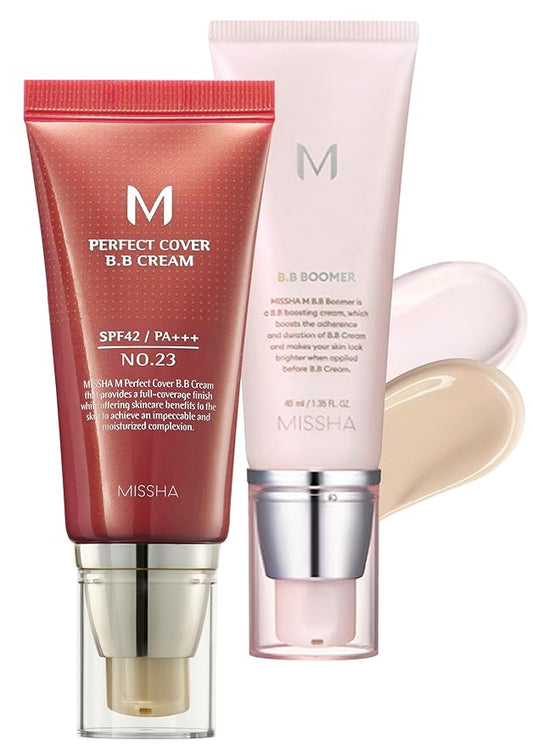 MISSHA BB ESSENTIALS KIT M PERFECT COVER BB CREAM No.23 Natural Beige/SPF 42 PA+++ 1.69 oz & M BB Boomer 1.35 oz -Lightweight, Multi-Function, High Coverage