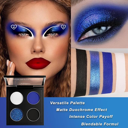 Afflano Multichrome Vibrant Blue Eyeshadow Palette, 4-Color Highly Pigmented Long-Lasting Blue Eyeshadow Makeup, Blendable Duochrome Shimmer Matte Shades for Natural & Smoky Eye Looks Travel-Size