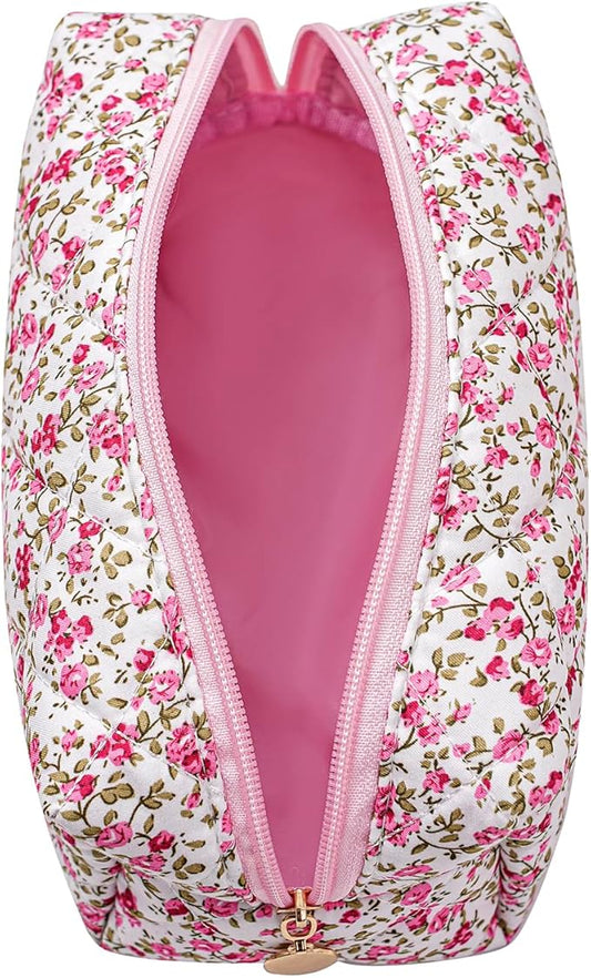 Makeup Bag Travel Cosmetic Bag for Women Girls, Zipper Make Up Pouch, Floral Flowers Toiletry Organizer Makeup, Portable Storage Cosmetic Travel Cloth Bag (Red Small Flower)