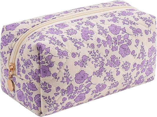 Gleyemor Small Quilted Makeup Bag for Women, Cute Floral Bow Cosmetic Bag, Emergency Bag Travel Toiletry Cotton Pouch Gifts for Girls Her Mom Friend Sister Bridesmaid (Purple Floral)