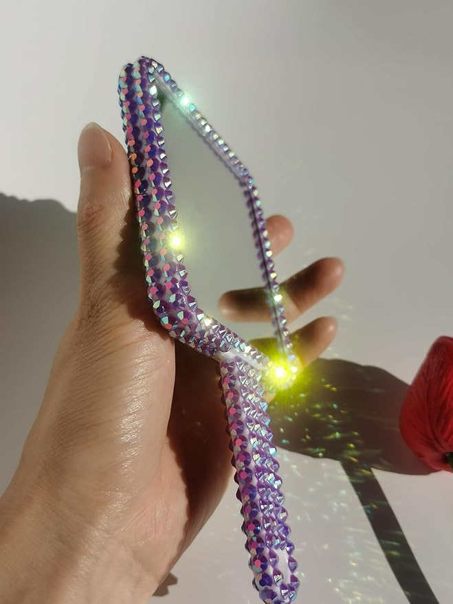 Sparkling Rhinestone Handheld Mirror Bling Hand Mirror Adorable Decorative Cosmetic Hand Mirror with Handle Glitter Makeup Mirror, Meaningful Gifts for Women Girls Purple