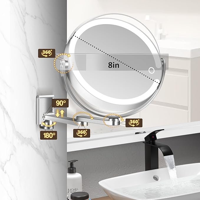 Wall Mounted Makeup Mirror, Magnifying Mirror with Light 20X/1X Double-Sided, Height Adjustable, 3 Lighted Modes, Aluminum Alloy Small Wall Mirror, Moisture & Corrosion Resistant Bathroom Use