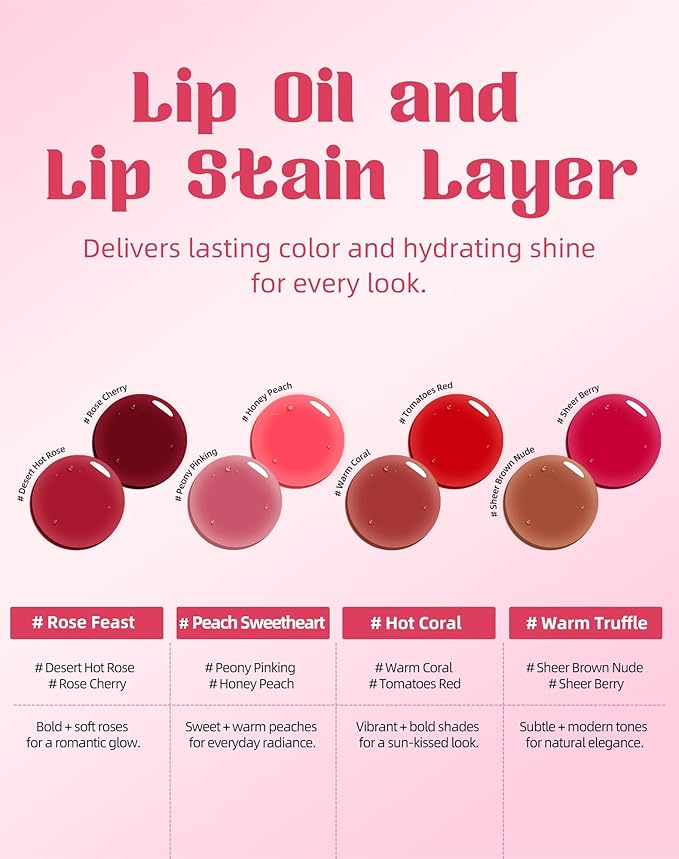Tinted Lip Oil & Lip Stain Set, Korean Makeup, Smudge-Proof,Long-Wearing, 2-in-1 Cheek and Lip Tint with Moisturizing, High-Shine, Lightweight & Non-Sticky for Dry Lips, Cruelty-Free & Vegan