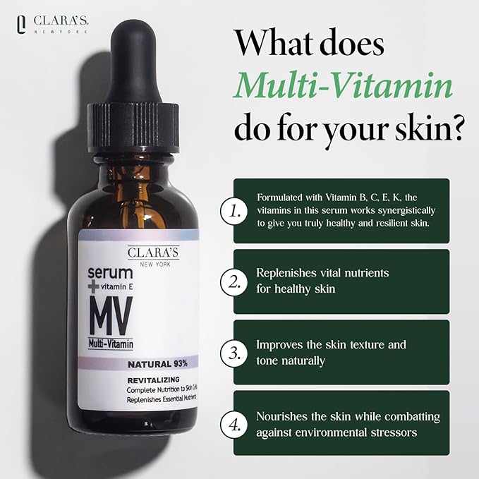 CLARA'S NEW YORK Multi Vitamin Facial Serum with Vitamins B, C, E, K β Antioxidant Hydrating, Redness Calming, Sebum Control β Lightweight, Non-Greasy, 30ml / 1 fl oz, Made in USA