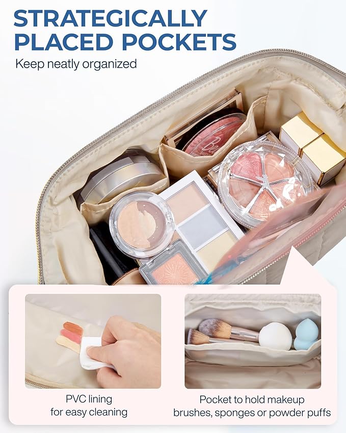 BAGSMART Makeup Bag Travel Toiletry Bag, Puffy Padded Make Up Bags for Women Makeup Organizer Case, Wide-open Pouch Purse Travel Essentials Toiletries Accessories Brushes, Camel