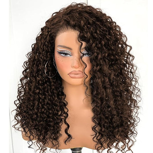 Wear And Go Glueless Curly Wig Pre-Plucked Synthetic Brown Wig Pre-Cut HD Lace Frontal Wig 13x6 Chocolate Brown Afro Kinky Curly With Layer