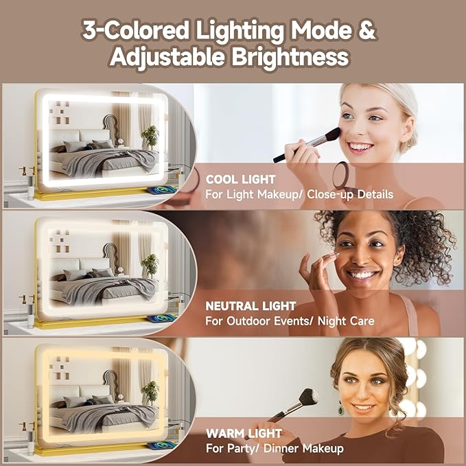 Large Vanity Mirror with Lights 32"x22", Lighted Makeup Mirror, Wall-mounted Hollywood Vanity Mirrors, Touch Sensor, 3-Color Lighting, 5X Magnification, USB Port for Vanity Desk Tabletop, Salon, Gold