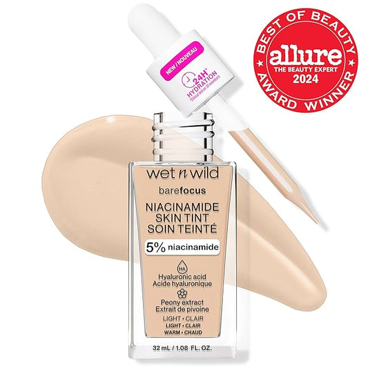 wet n wild Bare Focus Skin Tint, 5% Niacinamide Enriched, Buildable Sheer Lightweight Coverage, Natural Radiant Finish, Hyaluronic & Vitamin Hydration Boost, Cruelty-Free & Vegan - Light