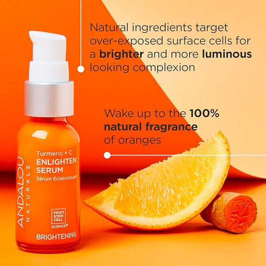 Andalou Naturals Turmeric + Vitamin C Enlighten Serum | Illuminating Face Treatment for Uneven Tone & Sun Damage | With Turmeric and Fruit Stem Cells | 1.1 fl oz