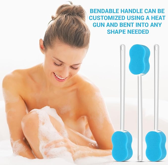 3 Pcs Long Handle Bath Sponge 22.4'' Back Sponge on a Stick Lightweight Back Washer Handled Butt Scrubber Shower Brush for Foot Body Cleaning Bathing Limited Motion (Blue)
