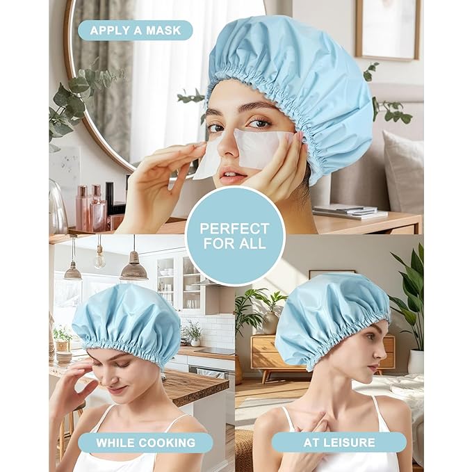 Shower Cap for Women Set of 4, 1 Double-Layer Waterproof Bath Cap + 3 Single-Layer Waterproof Shower Caps β Reusable Hair Protector, TPU Coated Elastic Bathing Cap for Women & Men - Blue