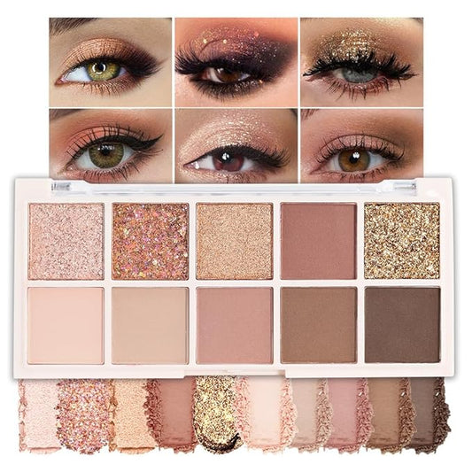 10 Colors Eyeshadow Palette,Matte&Glitter&Shimmer Eyeshadow Makeup,Naturing-Looking,High Pigment Waterproof Eye Shadow Palette Makeup, 100% Cruelty-free (09#Shimmer Brown)